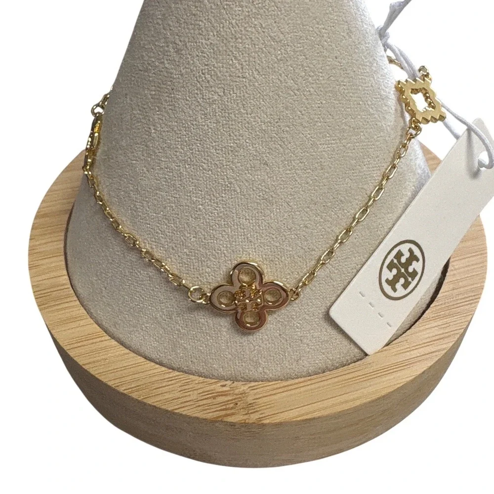 Tory Burch Gold Tone Logo Floral Charm Chain Bracelet Adjustable New With Tags